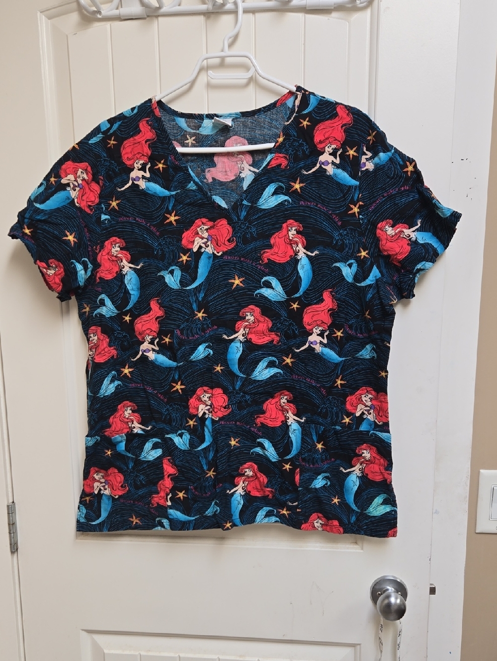 Disney Women Nurse Scrubs' Red & Blue Mermaid Print Short Sleeve Top Shirt